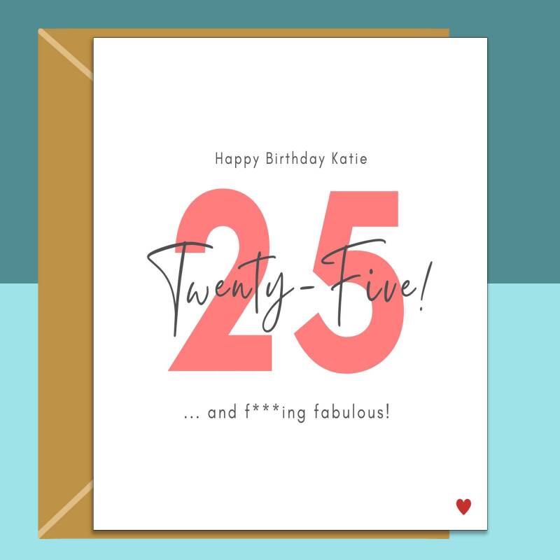 Funny 25th Birthday Card - Personalised - For Her or For Him - Perfect greetings card for a friend or someone else turning 25 years old. - Blank inside - Small