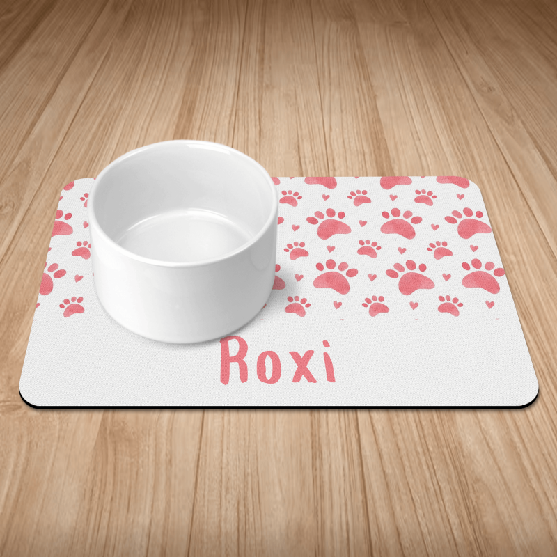 Personalised Pink Paw Prints & Hearts Puppy/Dog Bowl Mat