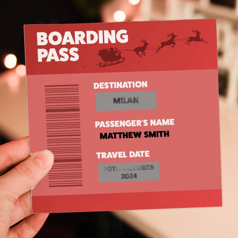 Christmas scratch off and reveal card: Holiday, vacation, surprise destination, any destination, any name, any date boarding pass design - Square: Single card