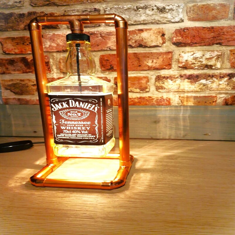 Unique lamp Jack Daniel's Old No. 7 Whiskey Bottle with Copper Pipe Frame - Rustic Home Bar Accent, Unique Home Décor, Industrial Copper Pipe