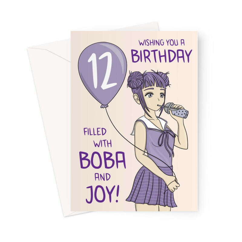 Boba Tea Anime Girl 12th Birthday Card - A5 Portrait - 1 Card