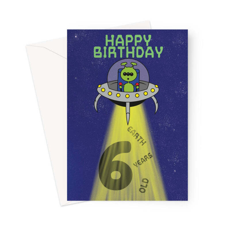 Alien Spaceship 6th Birthday Card - A5 Portrait - 1 Card