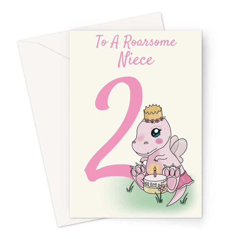 2nd Birthday Card For A Niece - Cute Dinosaur - A5 Portrait - 1 Card