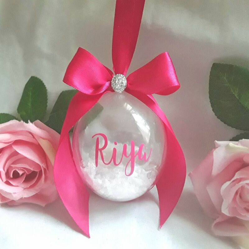 Personalised Christmas Bauble,Snow filled Bauble, Personalised tree decor - Light pink