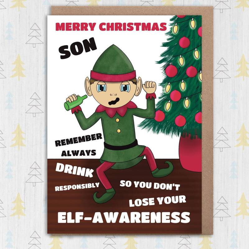 Don't lose your elf-awareness personalised funny elf Christmas card for son, daughter, grandchildren, any relation (Size A6/A5/A4) - A6: Single card