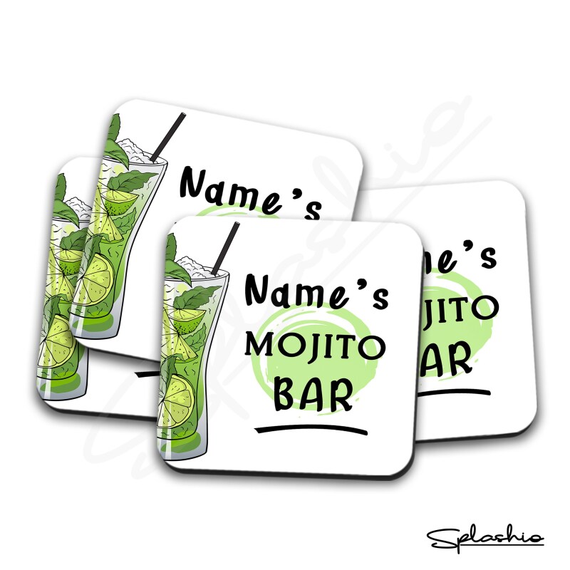 Personalised Bar Runner Mat, Cocktail Bar MOJITO Beer Mats & 4 x Drinks Coasters Gift Set Garden Bar Sets/ Personalised Mats Mojito Cocktail - Set of 4 Coasters