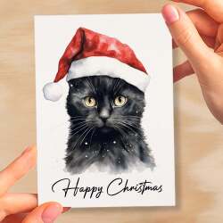 Cat Christmas Card Featuring A Black Cat Wearing a Santa Hat Fun Christmas Card For Him or Her Christmas Card For Anyone Christmas Gift - Small (4x6) / Blank Message