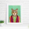 Cat in clothes, animal print, wall art - A5 - Glossy - Green
