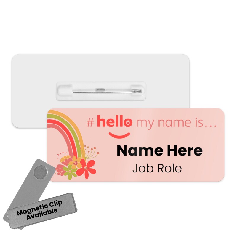 Hello My Name is Badge Pink Floral Rainbow with ID Badge Reel Personalised Durable Name Badge #hello mynameis Badge Nurse Badge, Nurse Badge - Standard Name Badge - Safety Pin Standard