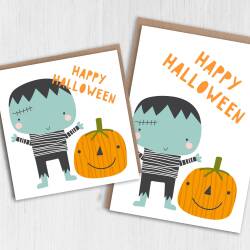 Zombie and pumpkin cute Happy Halloween, All Hallow's Eve card for children, kids, adults, all ages (Size A6/A5/A4/Square 6x6") - A6: Single card