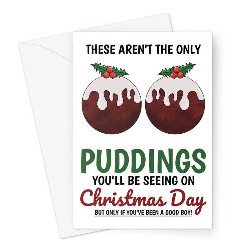 Merry Christmas Card - Naughty Xmas Puddings - A5 Greeting Card - A5 Portrait - 1 Card