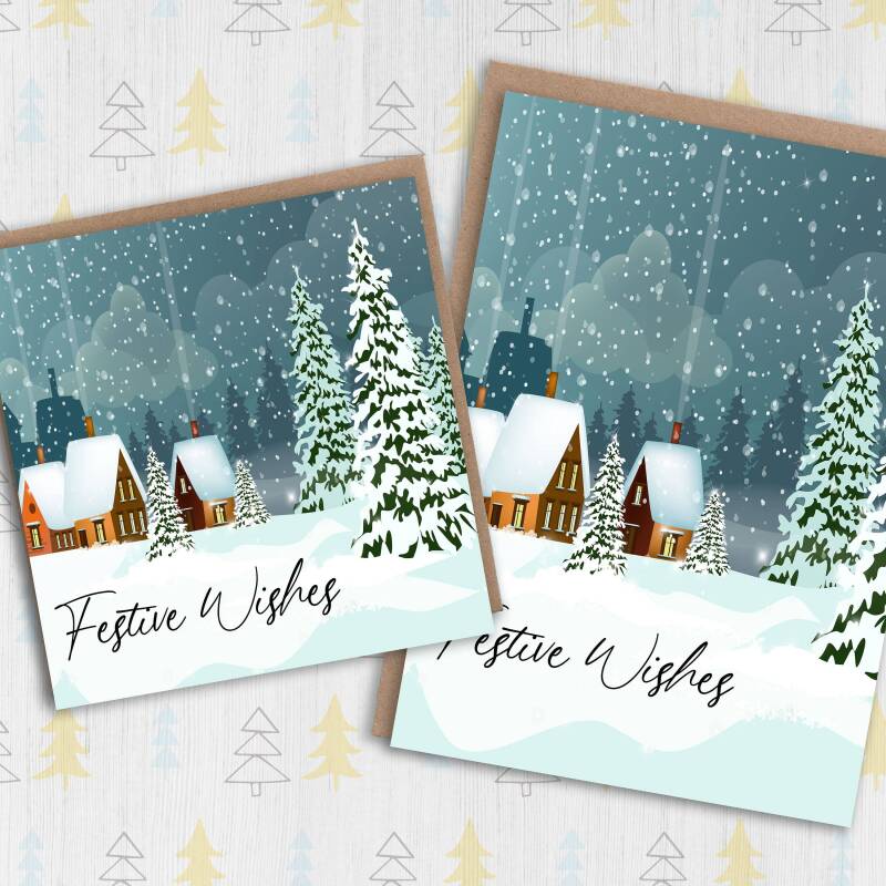 Festive wishes traditional winter, snow scene Christmas, Holidays, Xmas, festive card for friends, neighbours (Size A6/A5/A4/Square 6x6") - A6: Single card