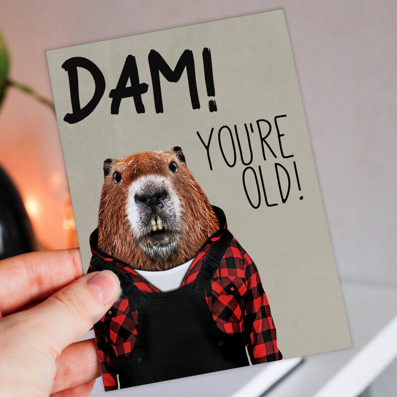 Dam! You're old! Beaver in clothes old age, pensioner, old person, old man, old lady birthday card (Animalyser) (Size A6/A5/A4/Square 6x6") - A6: Single card