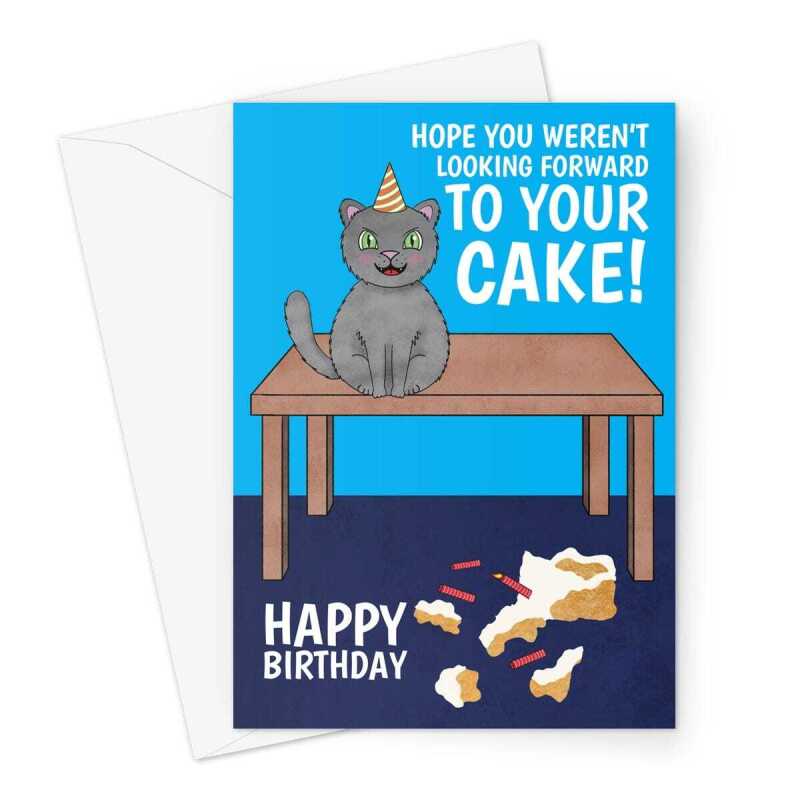 Happy Birthday Card - Funny Evil Cat Cake Smash - A5 Greeting Card - A5 Portrait - 1 Card