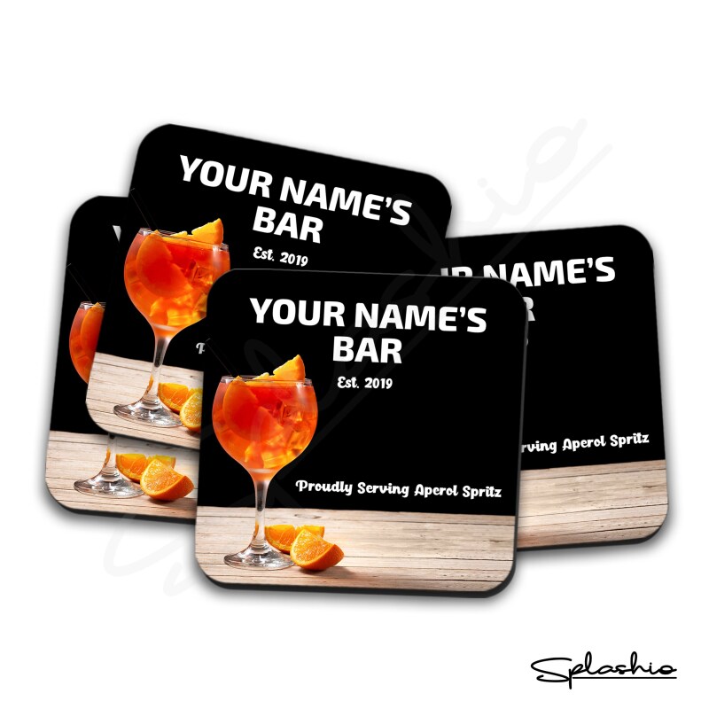 Personalised Aperol Spritz Bar Runner Mat, Custom Beer Mats & 4 x Drinks Coasters Gift Set Garden Bar Sets / Personalise Bar Aperol Spritz - Set of 4 Coasters