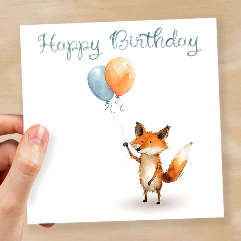 Birthday Card for Child Birthday Card For Kids Birthday Card For Her or Him Cute Fox Birthday Card With Birthday Balloons For Boy or Girl - Square (6x6) / Blank Message