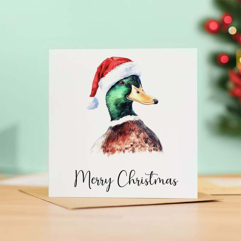 Fun Christmas Card of a Duck Wearing A Santa Hat Whimsical Watercolour Christmas Card For Animal Lover For Him or Her - Square (5.5x5.5) / Blank Inside