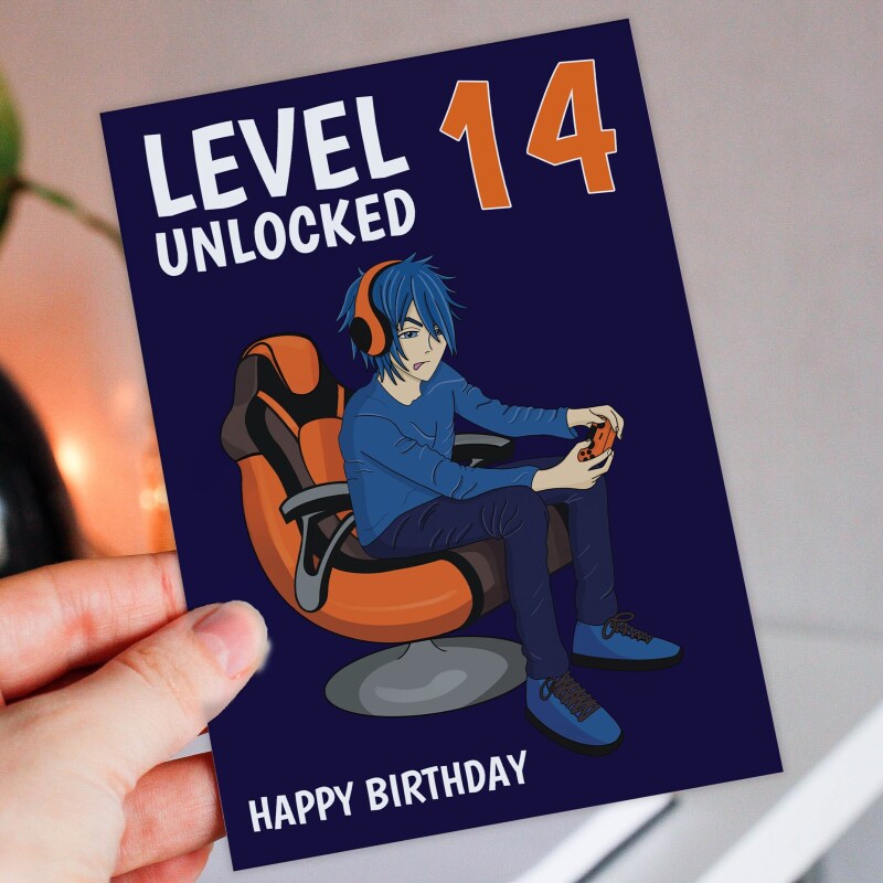 Level unlocked with any age gaming, gamer, teenager, children's, kids age card, 10th, 12th, 13th, 14th, 16th (Size A6/A5/A4/Square 6x6") - A6: Single card