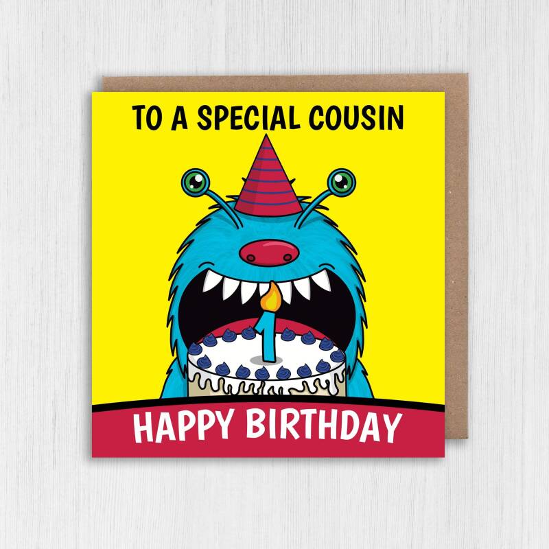 Monster cake birthday card personalised with relation age for children, child, boy, girl, relation, ages 1-6 (Size A6/A5/A4/Square 6x6") - A6: Single card