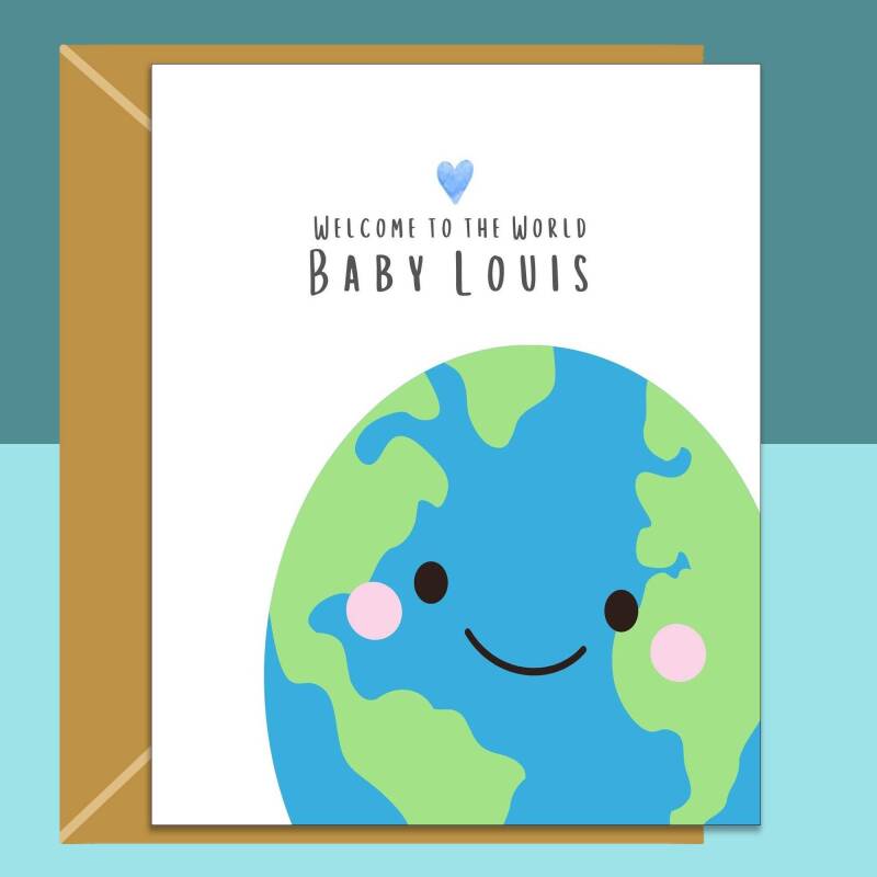 Personalised New Baby Boy Card - For Him - Welcome to the World - Customised Card - Blank inside - Small