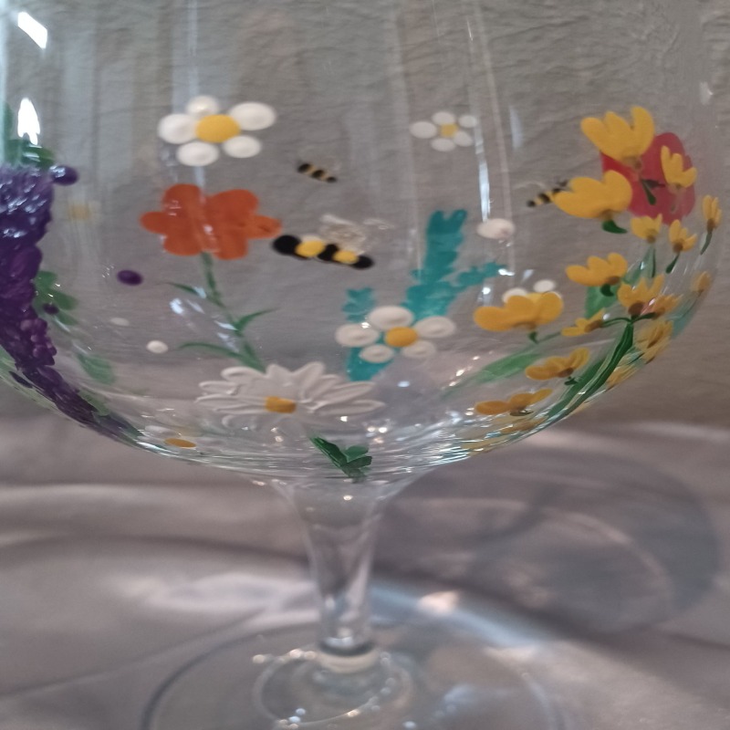 Hand Painted Floral Wine Glass