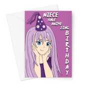 Happy Birthday Card For Niece- Anime Girl Purple - A5 Greeting Card