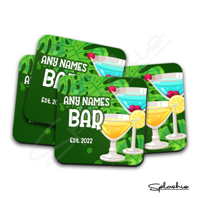 Personalised Bar Runner Mat, Cocktail Bar Custom Beer Mats & 4 x Drinks Coasters Gift Set Garden Bar Sets / Personalised Mats Home Cocktails - Set of 4 Coasters