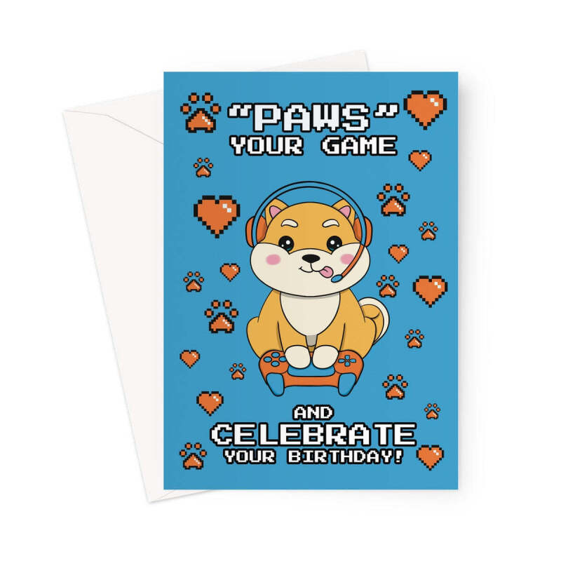 Video Gamer Birthday Card - Shiba Inu - A5 Portrait - 1 Card