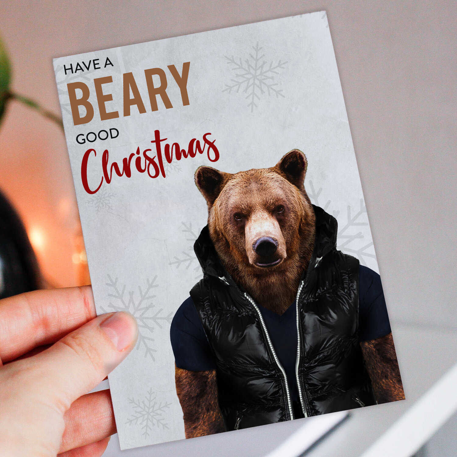 Have a beary good Christmas bear in clothes, bear pun Christmas, Holidays, Xmas, festive card (Animalyser) (Size A6/A5/A4/Square 6x6") - A6: Single card