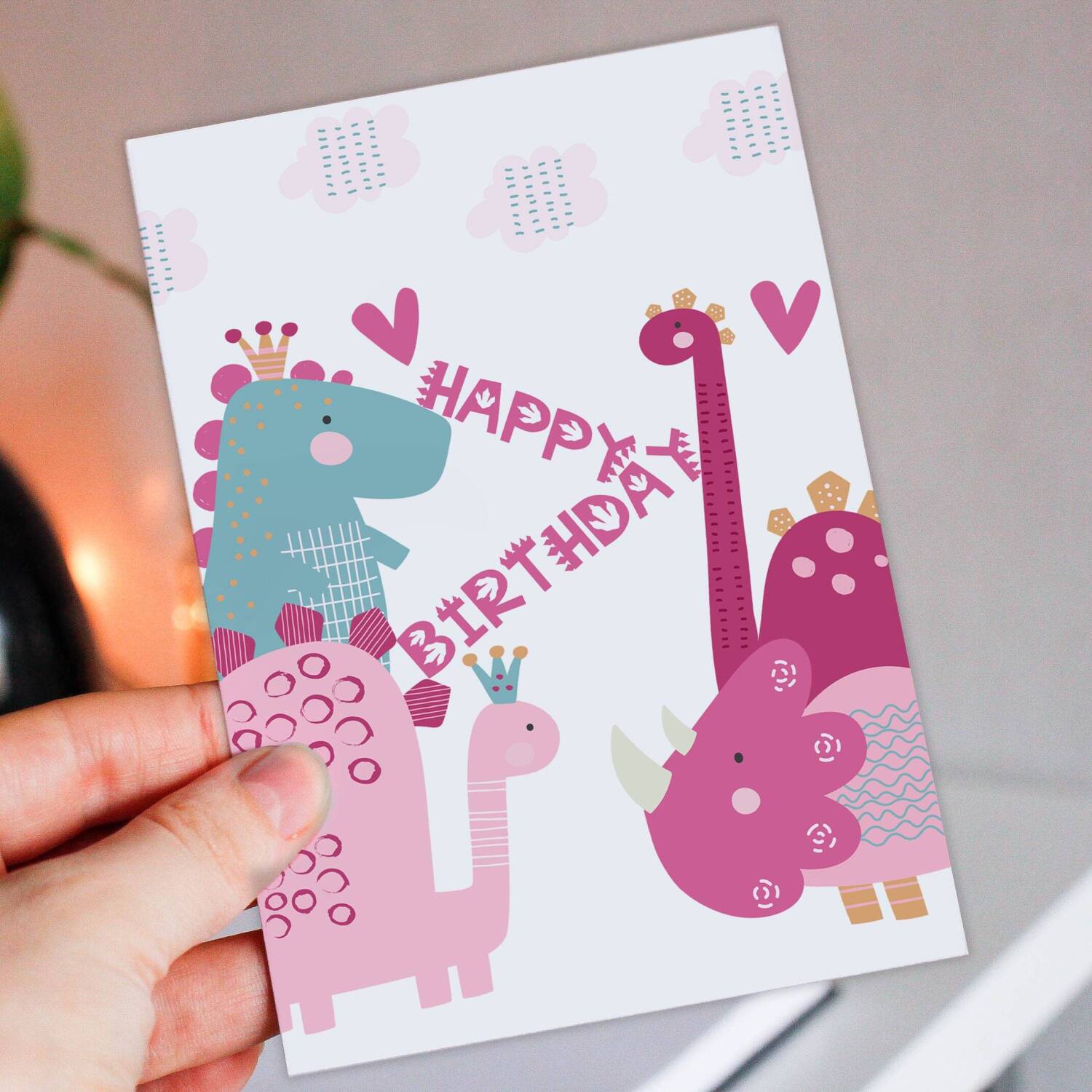 Pink dinosaurs, dino birthday card for children, child, kid, boy, girl, daughter, granddaughter, niece (Size A6/A5/A4/Square 6x6") - A6: Single card