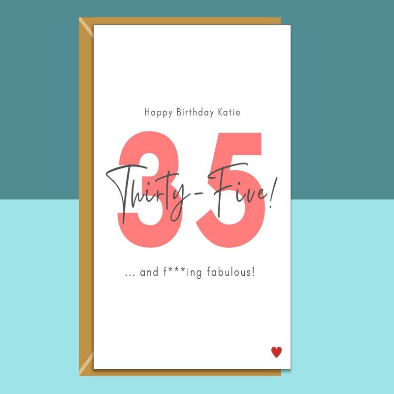 Funny 35th Birthday Card - Personalised - For Her or For Him - Perfect greetings card for a friend or someone else turning 35 years old. - Blank inside - Small