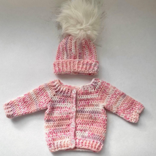 Pink baby hat and cardigan set