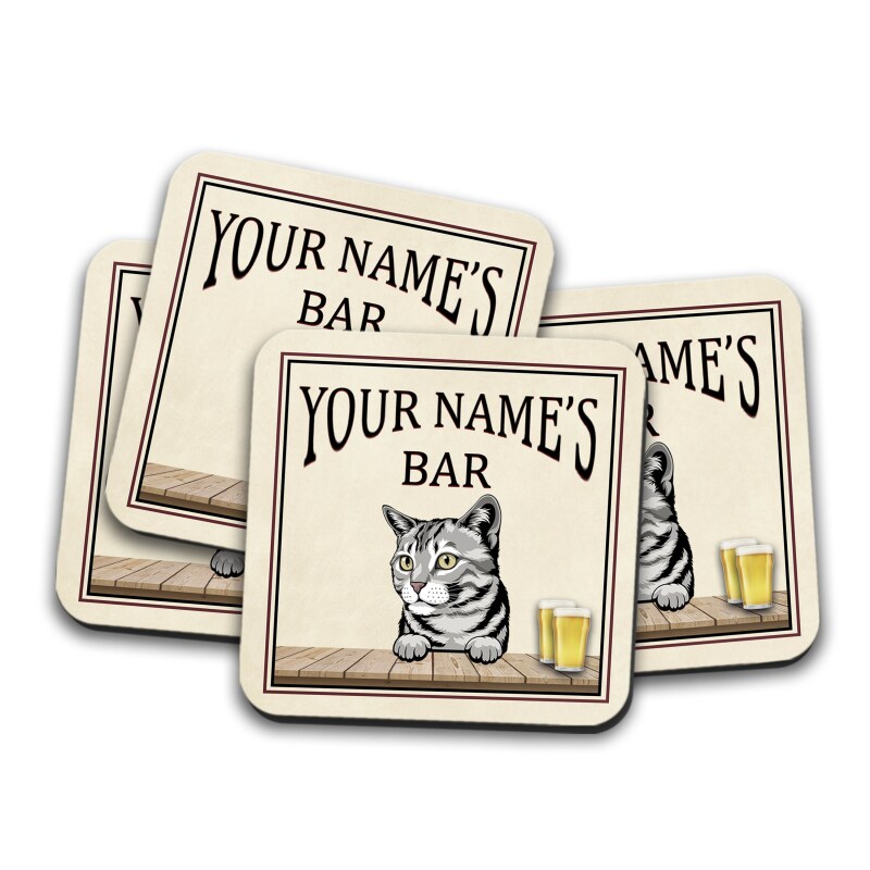 Personalised Cat Bar Runner Mat, Cat Sign & 4 x Drinks Coasters Gift Set Garden Bar Sets / Custom Beer Mats Home Bar, personalised bar mat - Set of 4 Coasters