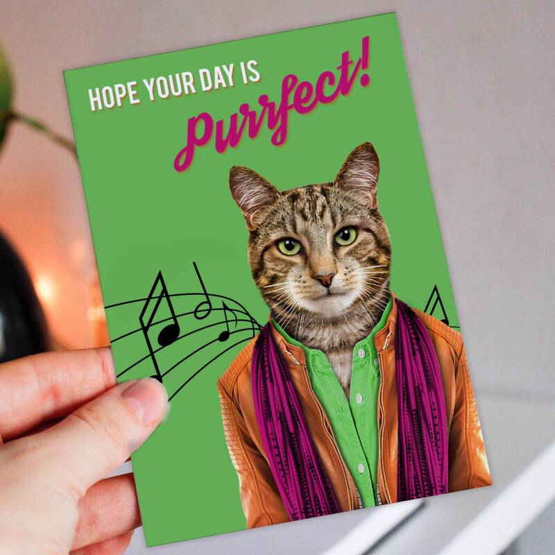 Hope your day is purrfect funny cat in clothes, from the pet, kitten birthday card for friend (Animalyser) (Size A6/A5/A4/Square 6x6") - A6: Single card