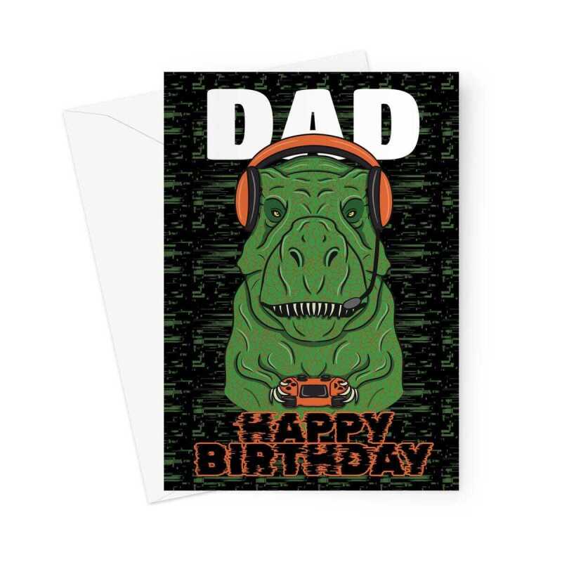 Gaming Dad Birthday Card, Funny Dinosaur - A5 Portrait - 1 Card