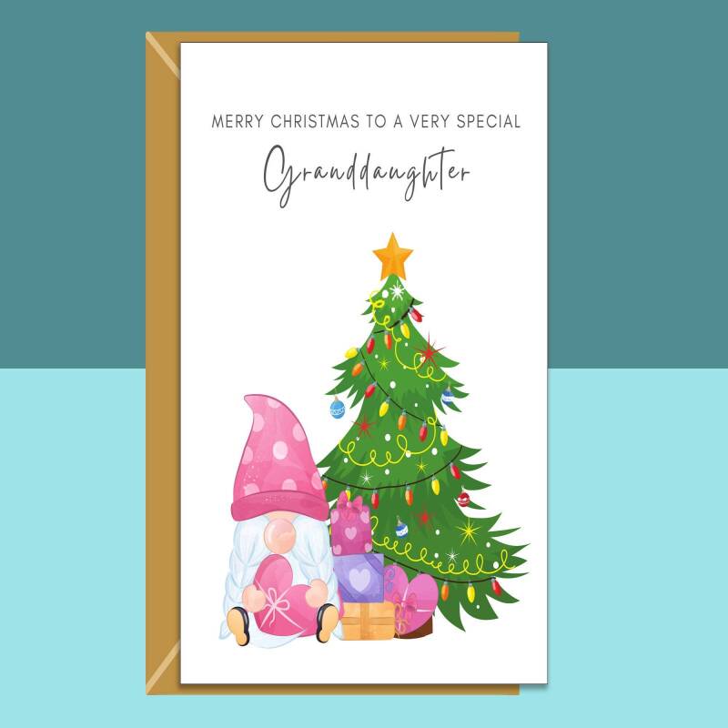 Cute Granddaughter Christmas Card - Personalised Xmas Gnome Gonk Card for Granddaughter - Large - Blank inside