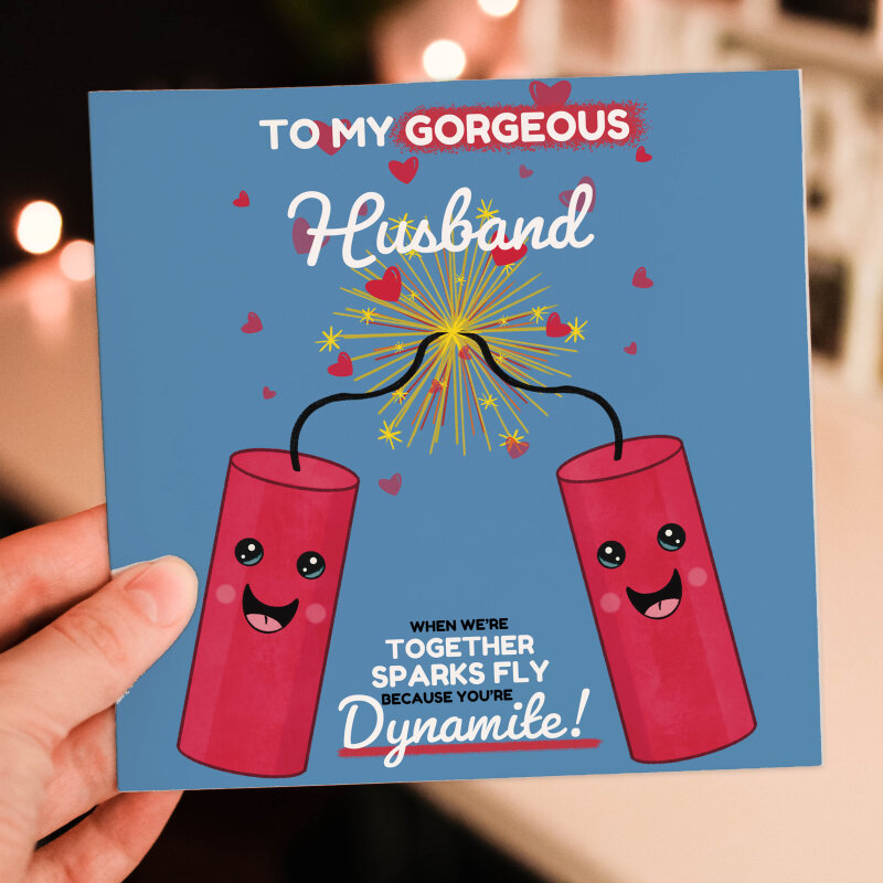 Sparks fly because you’re dynamite funny anniversary card for boyfriend, husband, wife, girlfriend, partner (Size A6/A5/A4/Square 6x6") - A6: Single card