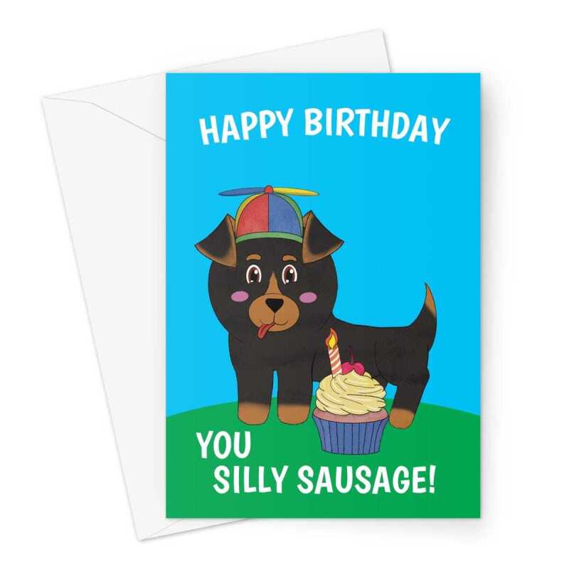 Happy Birthday Card - Kawaii Dachshund Dog Silly Sausage -  A5 Greeting Card - A5 Portrait - 1 Card