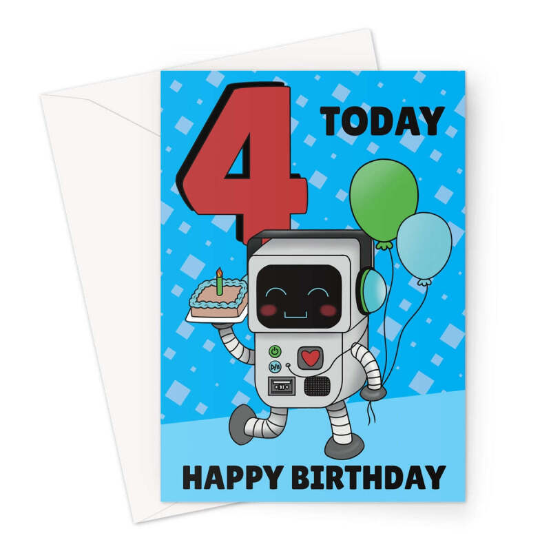 Boys Robot 4th Birthday Card - A5 Portrait - 1 Card