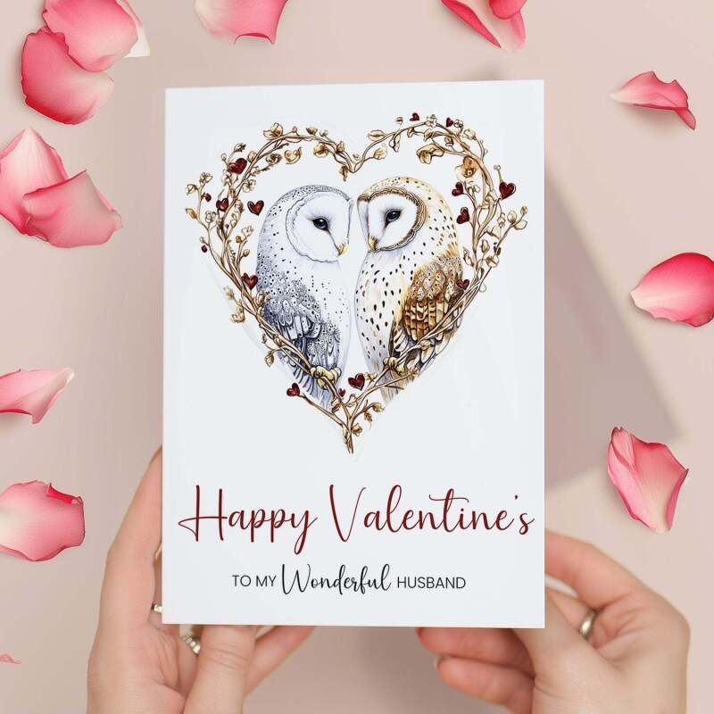 Valentine's Day Card for Husband, Unique Owl Heart Design, Special, Elegant - Portrait (5x7) / Blank Inside