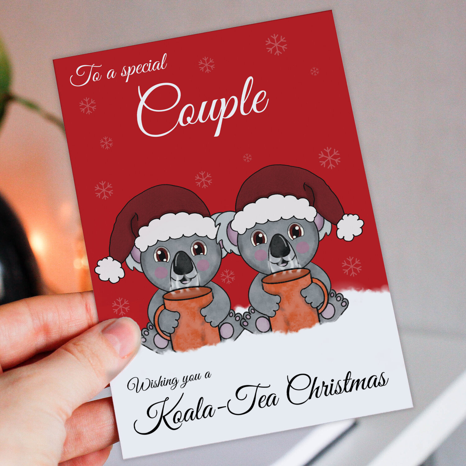 Wishing you a koala-tea Christmas personalised funny koala bear pun Holidays, Xmas, festive card for couples, in-laws (Size A6/A5/A4) - A6: Single card