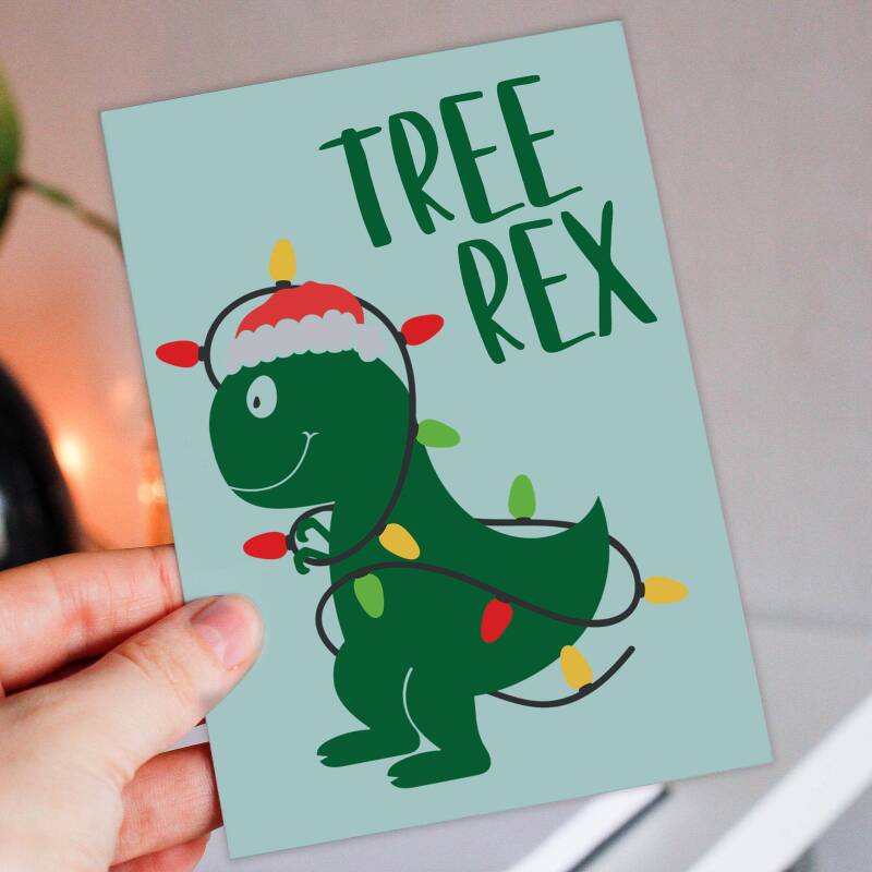 Tree Rex dinosaur, T-rex Christmas, Holidays, Xmas, festive card for children, child, kids, grandchildren, niece (Size A6/A5/A4/Square 6x6") - A6: Single card