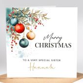 Personalised Christmas Bauble Card, Watercolour Christmas Card for Sister, Mum, Auntie, Niece, Grandma, Granddaughter, Goddaughter, Grandad