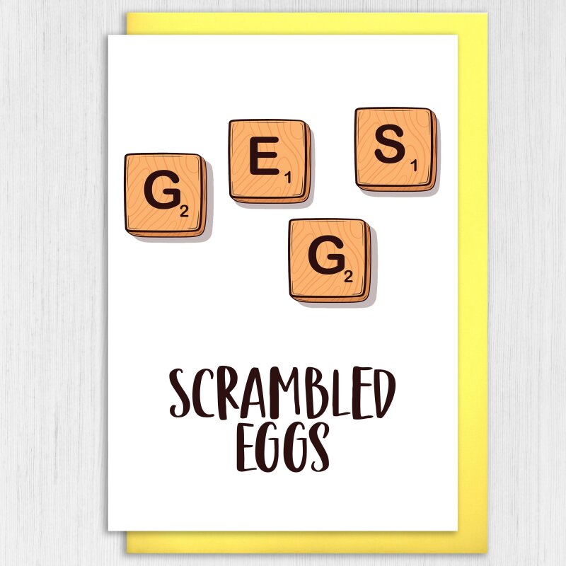 Scrambled eggs funny Easter card, mixed letter tiles for any age, adults and children (Size A6/A5/A4/Square 6x6") - A6: Single card