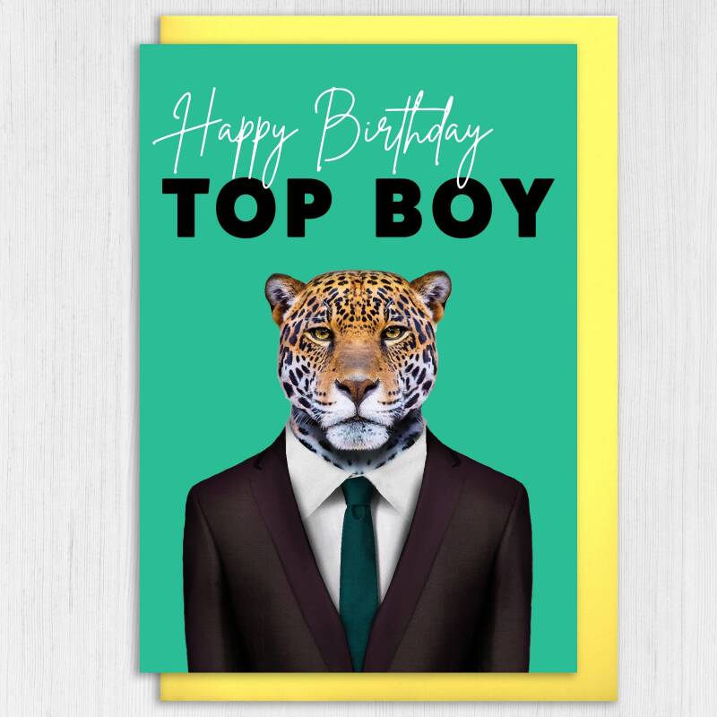 Happy Birthday Top Boy Jaguar animal in clothes card for boyfriend, husband, male, brother (Animalyser) Size A6/A5/A4/Square - A6: Single card