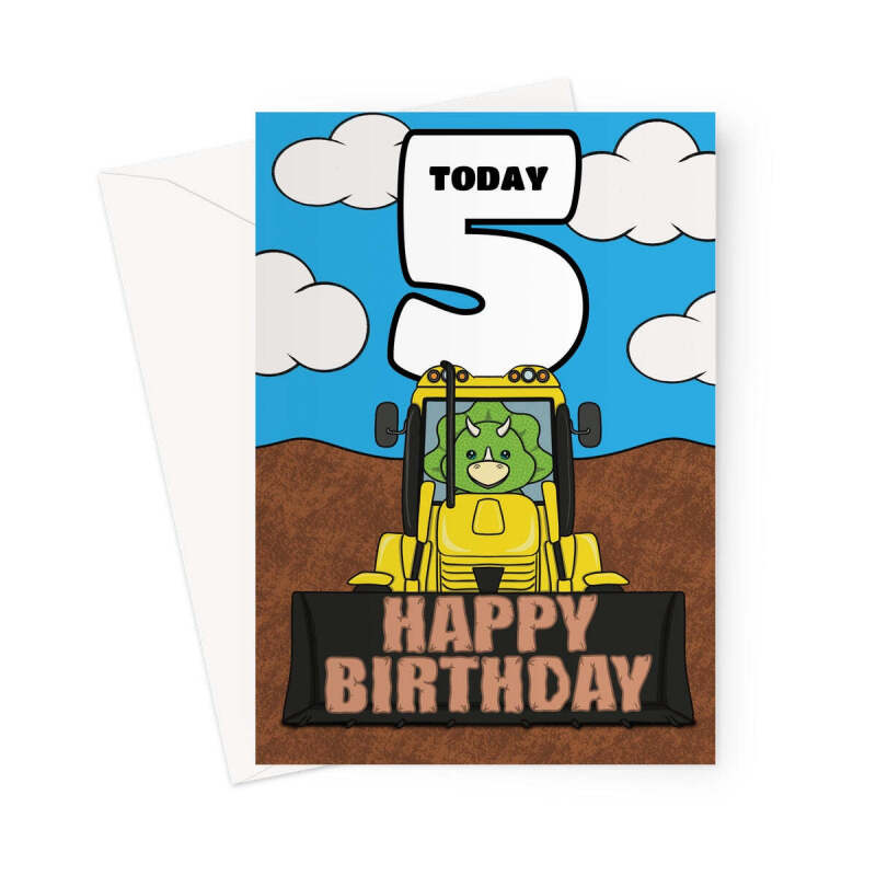 Boys 5th Birthday Card - Dinosaur Digger - A5 Portrait - 1 Card