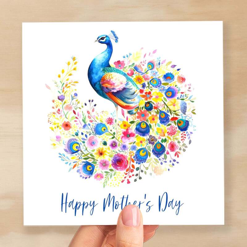 Mother's Day Card For Mum Happy Mother's Day Mothers Day card Mothering Sunday Peacock Flower Mother's Day Card For Mom Mommy Mum Mummy - Square (6x6) / Blank Message