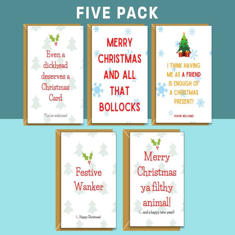 Funny Christmas Cards Pack of 5 - Rude, Adult, Cheeky Bundle of Xmas Cards ideal for friends and family this Christmas - For Him or For Her