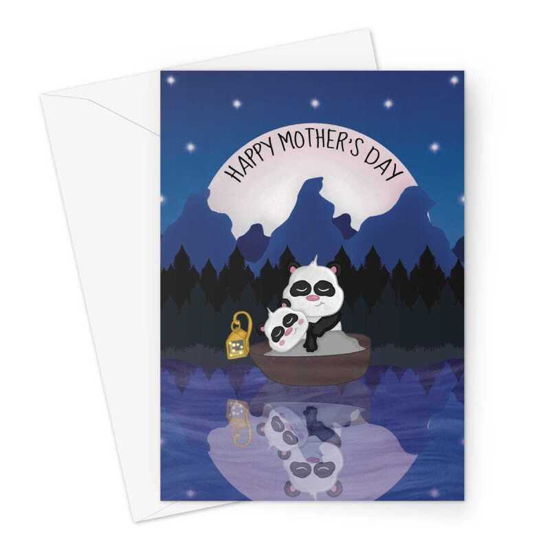 Cute Panda Mother's Day Card - Night-time Boat - A5 Portrait - 1 Card