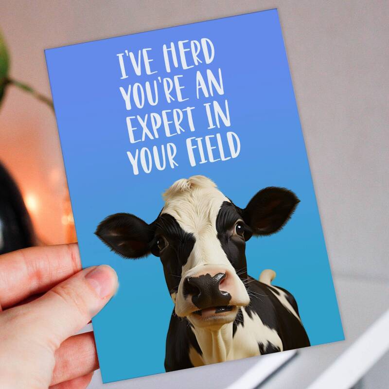 I've herd you're an expert in your field funny cow, farm animal, pun congratulations, graduation, well done card (Size A6/A5/A4/Square 6x6") - A6: Single card